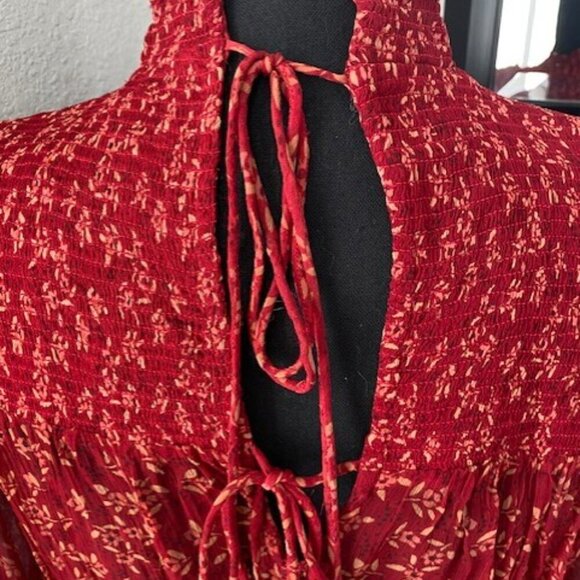 FREE PEOPLE Red Berry Roma Boho Floral Smocked Long Sleeve Blouse XS - Picture 14 of 16